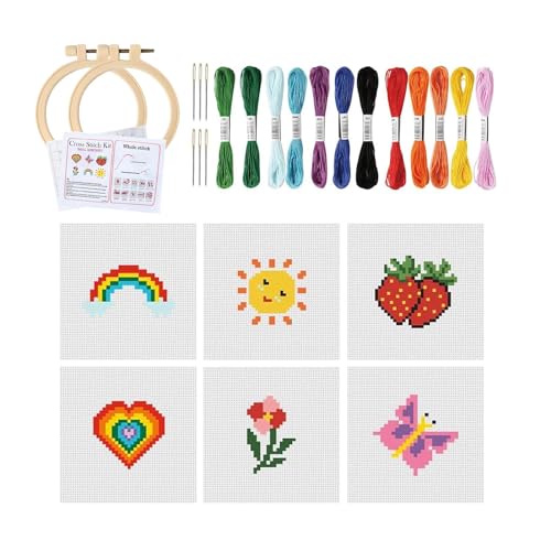 Maobeez Cross Stitch Kits Cross Stitch for Beginners Embroidery Kit with 6 Patterns 2 Embroidery Hoops 12 Threads 6 Needles Instructions Starter Sewing Set