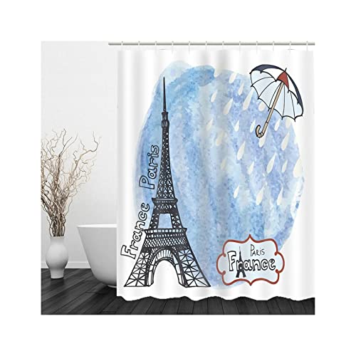 Aotiwe Rideaux Douche Salle de Bain, Kit Accessoires Salle de Bain Paris France Parapluie Tour Bleu 165X180cm