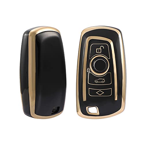 Image of Keyzone TPU car Key Cover and Keychain Compatible for BMW X4, X3, 5 Series, 6 Series, 3 Series, 7 Series 4 Button Smart Key (Type1) (Gold Black with Gold Black KZ Keychain)