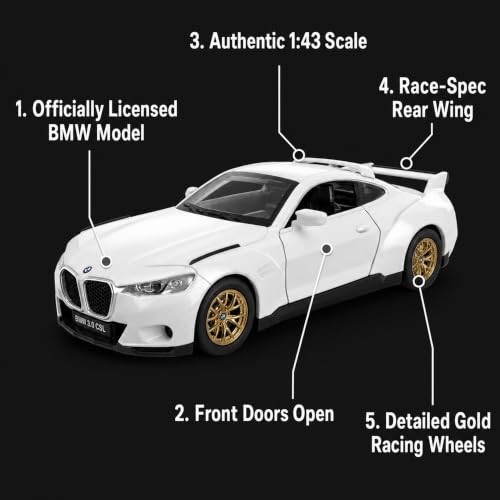 Image of Wizplex MSZ BMW 3.0 CSL 1:43 Scale Officially Licensed Die Cast Metal Car - Pull Back Sports Coupe with Openable Front Doors, Collectible Showpiece for Kids 6+ & Car Enthusiasts