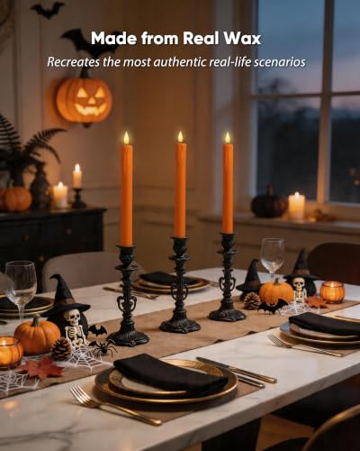 Image of Homemory Orange Flameless Taper Candles with Remote Timer, 9.6 Inch Real Wax Battery Operated Candlesticks, Flickering Warmer Light Led Tapered Candle 2 Pack for Halloween Home Decor