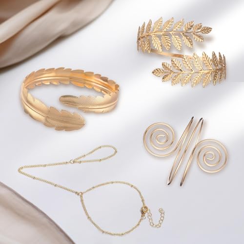 4PCS Gold Arm Cuff & Hand Chain Bracelet Set - 14k Real Gold Plated, Arm Bracelet Upper Arm, Gold Bangles Stack Non Tarnish, Minimalist Armband4