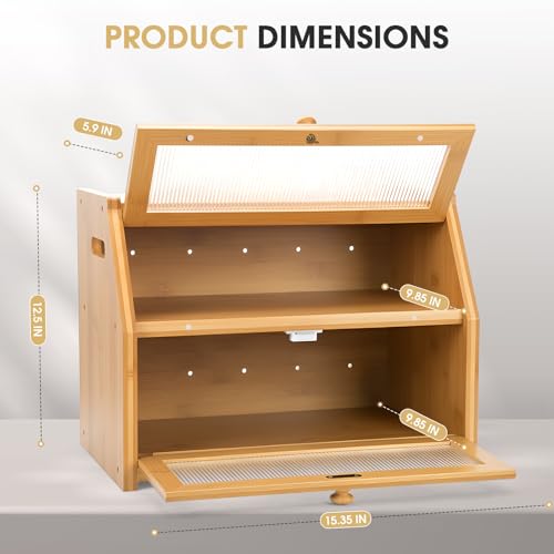 Large Bread Box for Kitchen Countertop, Wooden Bread Bin with Double Layer Storage and 0.6-inch Thick Natural Wood Panels, Rustic Bread Box Organizer for Kitchen (Natural Wood)