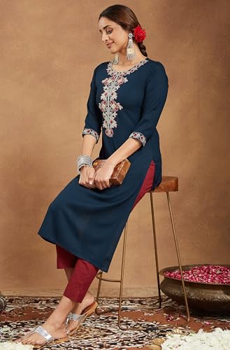 Image of Janasya Women's Navy Blue Rayon Embroidered Straight Kurta