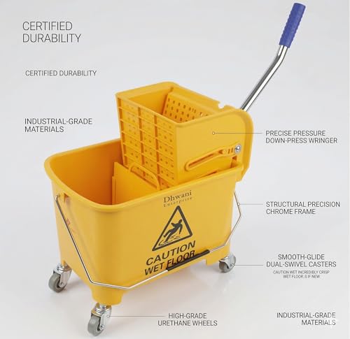 Image of Single Bucket Wringer Trolley Mini Mop Bucket | 20 Litre, Yellow | Multipurpose Cleaning Bucket with Wringer