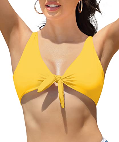 SHEKINI Bikini de cintura alta con nudo frontal para mujer, Top Only – Amarillo, Small