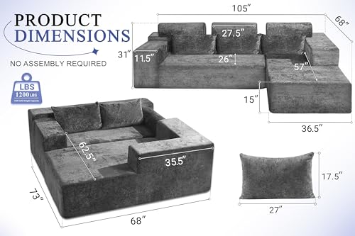 Image of HABUTWAY 105 inch L-Shape Modular Sectional Sofa Couch for Living Room,No Assembly Required,Modular Comfy Sofa with Deep Seat for Living Room Bedroom,Luxury Distressed Velvet(Right,Grey)