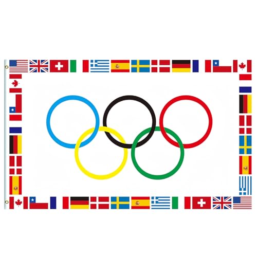 Large Oly Flag 5ftx3ft Oly Decorations Banner Big Oly Flag for OlyDecorations Five Ring Flags for OlyGames Themed Party Decoration 2024 OlyRings Games Countries Sports Games