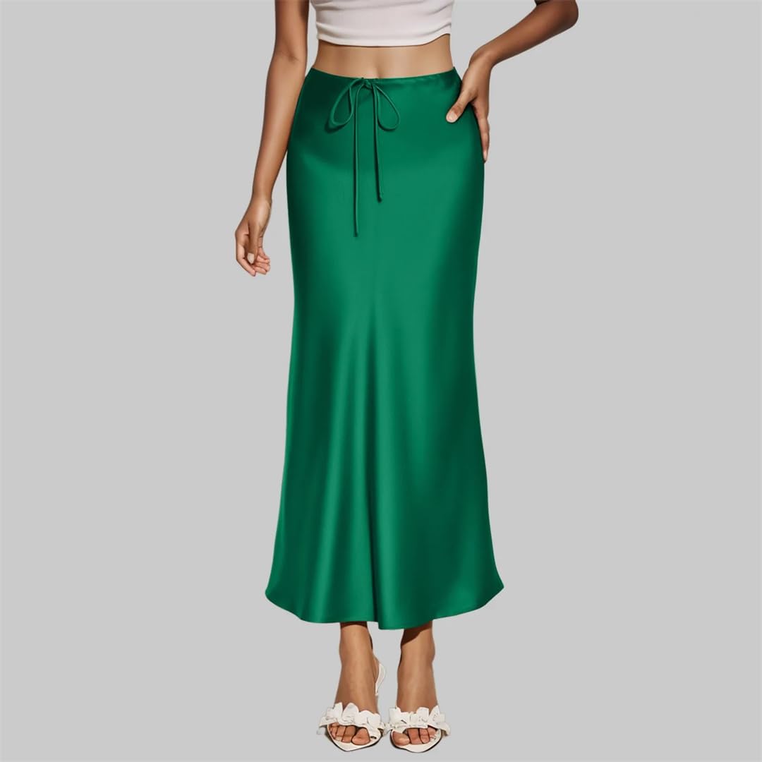 Jupes longues en satin de couleur unie avec cordon de serrage pour femme - Jupe longue élégante avec fente