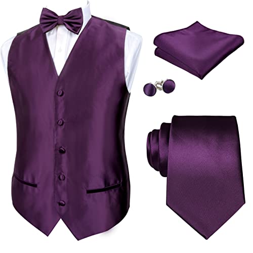 Image of Alizeal Mens Solid Satin Bow Tie Necktie Hanky Cufflinks Waistcoat Set | Elegant Pre-tied for Wedding and Garden Party
