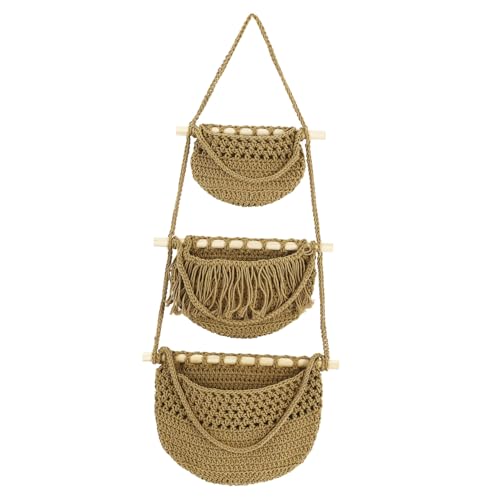 FONDOTIN Cesta Colgante de Trenzada para Frutas y Verduras Diseño Apilable Estructura de Madera Organizador Versátil para Cocina y Baño Fácil de Colgar Color Marrón