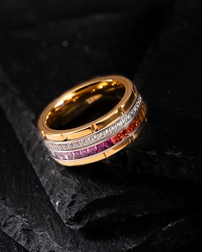 100S JEWELRY 10mm Gold Tungsten Rings For Men Rainbow & Clear CZ Moissanite Wedding Promise Band Size 6-164
