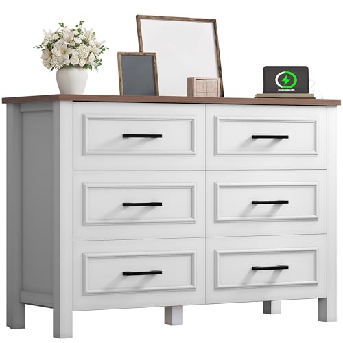 YITAHOME 6-Drawer Dresser with Built-in Power Outlet, Wood TV Stand with 6 Large Drawers & Bar...