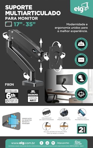 ELG, F80N, Suporte Articulado de Mesa, Pistão a Gás, Design Compacto e Retrátil, Ergonômico, Monitores 17'' a 35'', 2kg a 9kg