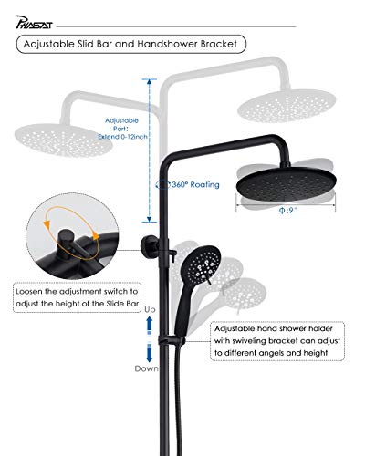PHASAT Outdoor Shower Fixtures Matte Black,Lead-Free SUS 304 Stainless Steel Bathroom Faucet Set,Wall Mounted Exposed Shower System,3-Function,CT8323