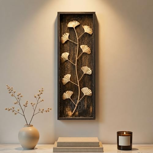 Image of DSH Leaf Wall Art Panels Modern Rustic Home Decor Wall Hanging Sculpture for Living Room, Bedroom & Office (45X15 CM) Decoration Item (Ginkgo Leaf, 1 Frame)
