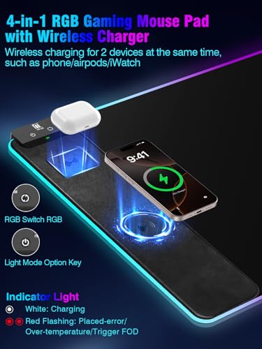 Image of Mouse Pad with Magnetic Wireless Charging, Large Desk Pad Protector, RGB Black Desk Mat with 15W Fast Charger, Non-Slip Waterproof Mousepad for Office Home Gaming