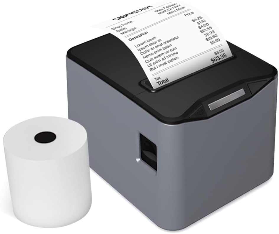 Stampante termica per ricevute 80mm Stampa termica diretta Desktop Connessione USB+LAN ad alta velocità con taglierina automatica Grande cestino di carta grigio-KongWLing