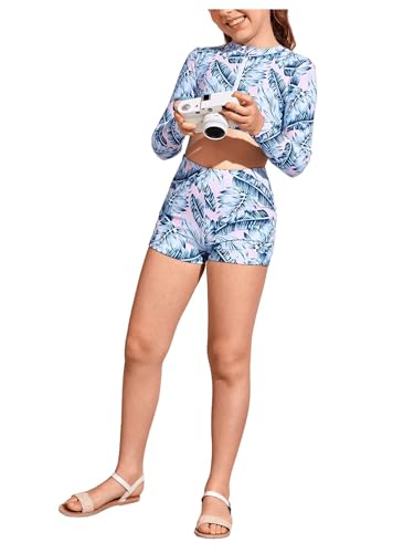 Image of SHENHE Girl's 2 Piece Tropical Print High Waisted Long Sleeve Bikini Swimsuit Bathing Suit Multicolor 9Y