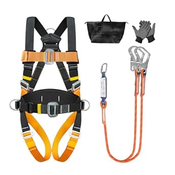 Foto di Imbracatura di Sicurezza Anticaduta Corpo Intero con Cuscino Lombare – Doppio Cordino & Assorbitore Energia, 140 kg Max, Certificata EN, Cintura di Sicurezza Anticaduta per Linea Vita tetto Kit