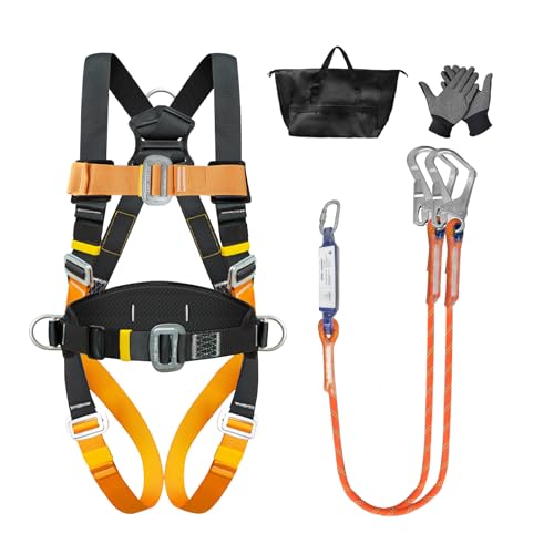 JAOGAUS Arnés de Seguridad Completo con Cojín Lumbar – Doble Cabo & Absorbedor de Energía, 140 kg Max, Certificado EN, Protección Anticaídas para Hombres, Trabajos en Altura, Construcción & Escalada