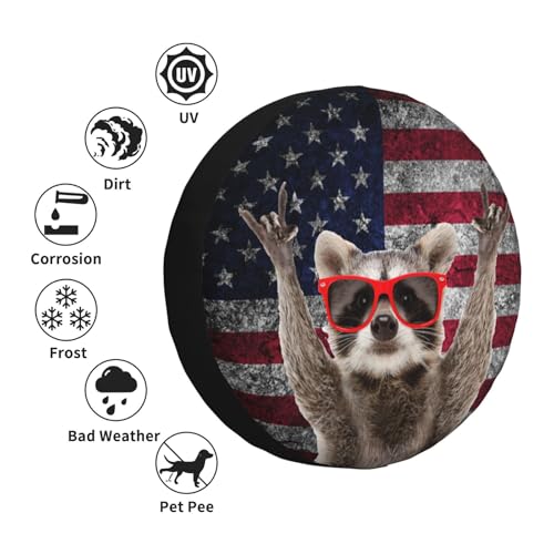 Image of Raccoon Spare Tire Cover American Flag Weatherproof Universal Wheel Protectors Wheel Covers for Rv Camper Travel Trailer SUV Truck 16 Inch