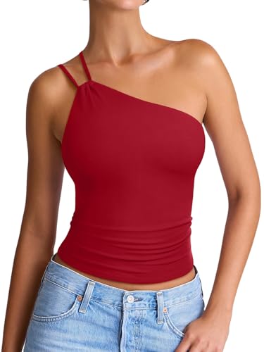 REORIA Off the Shoulder Tops for Women Summer Sleeveless Sexy Going Out Tank One Shoulder Top 2026 Trendy Clothes Deep Red X-Large — view 4