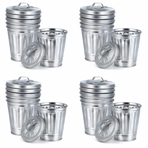 Image of jojofuny 12 Pack Mini Trash Cans with Lids, 3.7 Inch Silver Metal Garbage Can Favor Buckets, Small Desktop Bins for Trash Truck Birthday Party, Office Desk, Craft Storage, Pen Holder, Mini Planter