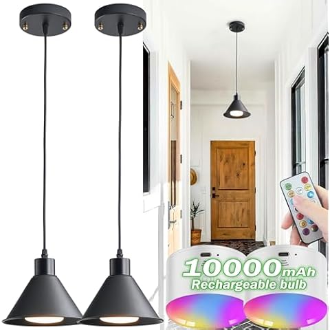 SlHYFMO Battery Operated Pendant Light Set of 2, RGB Color Changing Rechargeable Hanging Light Cover
