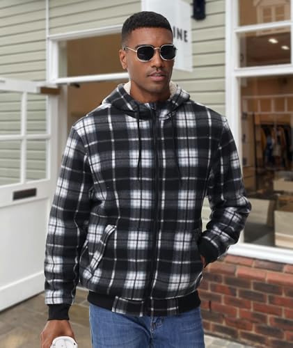 Image of Mens Plaid Hoodies Winter Zip Up Fleece Jacket Sherpa Fleece Lined Warm Flannel Jacket Coat