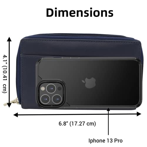 MARSHAL Genuine Leather Womens RFID Blocking Security Double Zip-around Indexer Phone Wallet (Blue)3