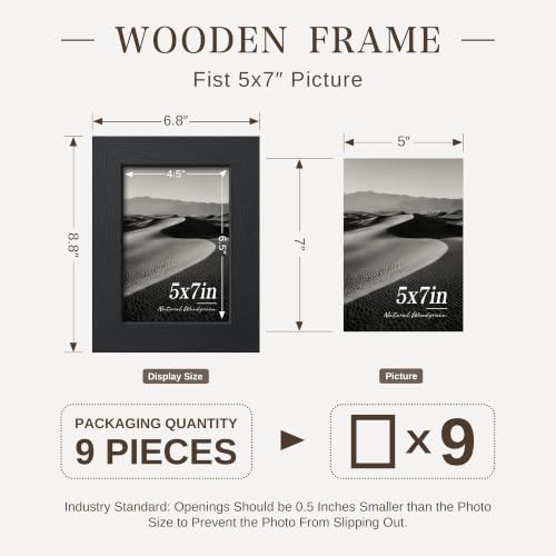 Image of VCK 5x7 Picture Frame Set of 9, Black Wood Portrait Frame, Wall Display