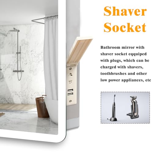 Biubiubath 600x800mm Bluetooth LED Bathroom Mirror with Shaver Socket and 2 USB Ports Dimmable 3 Colour with Demister Pad Touch Sensor Wall Switch Control Lights Vertical Horizontal - Image 5