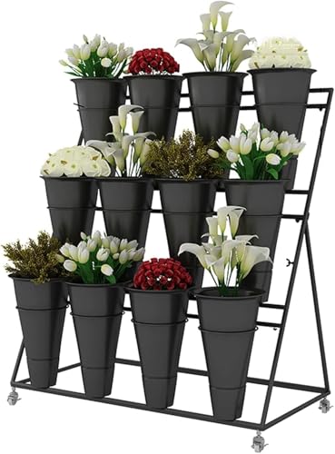 HXZJUIKL Soporte de 3 niveles para plantas con cubos, soporte móvil de exhibición de flores con ruedas para interiores y exteriores, jardín y sala de estar, esencial para floristerías