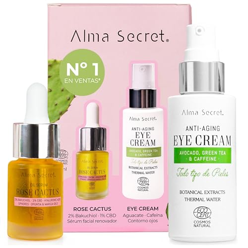 ALMA SECRET | Duo Antiedad: Pack Cofre Contorno de Ojos de Aguacate, Té Verde y Cafeína 30ml + Sérum Facial Rose Cactus10ml - Eye Cream y Serum Hidratante, Reafirmante, Vegano ECOCERT COSMOS NATURAL