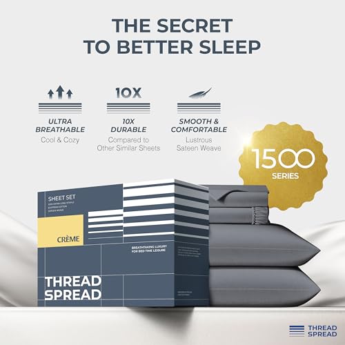 Image of THREAD SPREAD 100% Egyptian Cotton Split King Sheets Sets for Adjustable Bed - 1500 Series Split King Sheets (5 PC, Dark Grey), Silky Soft, Sateen, Cooling & Breathable, 17 inch Deep Pocket Bed Set