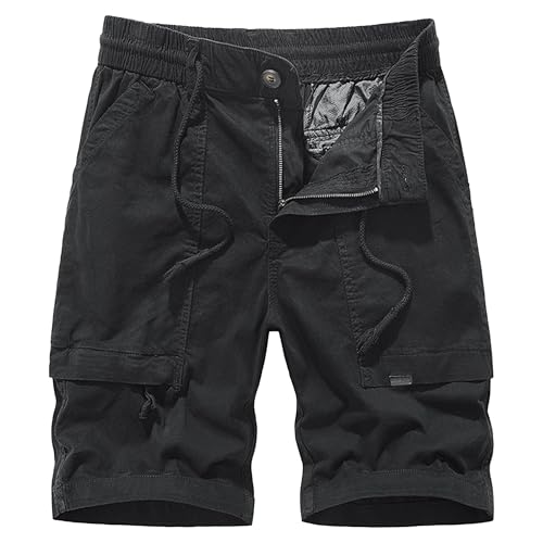 Short cargo droit homme avec multi-poches et taille élastique confortable, Noir 2