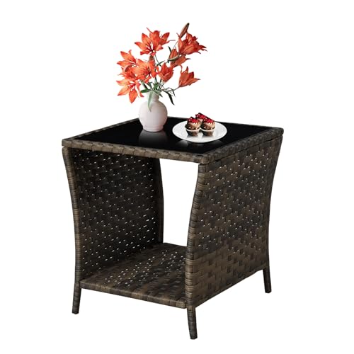 Elepude Outdoor Wicker Side Table Rattan Side Tables End Table for Patio with Glass Top Rattan Storage for Patio Garden Balcony
