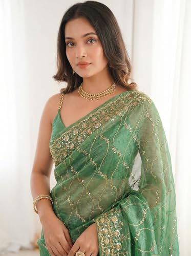 Image of ORHANS Women's Chiffon Saree with Unstitched Blouse Piece Heavy Embroidery Work | Beautiful Saree for Women | Traditional Indian Sari Stylish | Fashionable Saree Modern Design