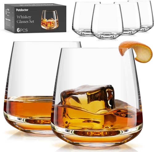 Potdoctor Whiskey Glasses Set of 6, 13.5oz Premium Lead-Free Crystal rocks Glass,Unique Gifts for Men Women, Bourbon Scotch Cocktails Drink Rum Cognac Vodka Liquor