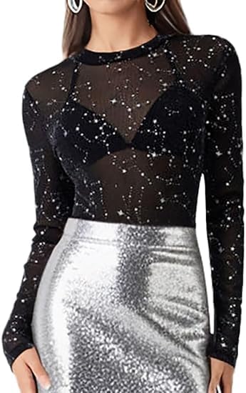 Sheer Mesh Long Sleeve Layering Tops for Women Crew Neck Heart Lace Blouse Sexy See Through Going Out Shirts