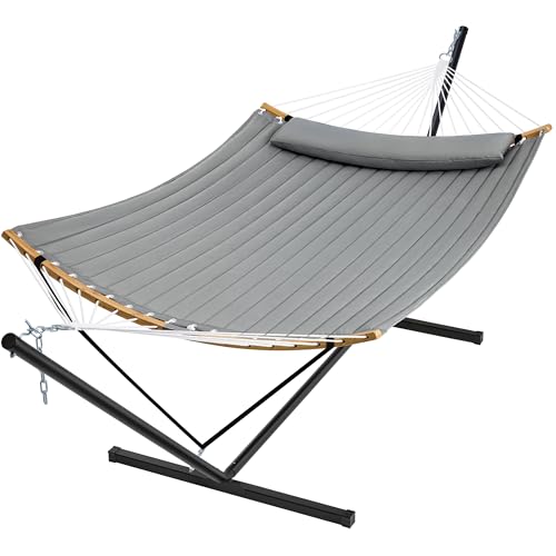 SUPERJARE Hammock with Stand, 2 Person Heavy Duty Hammock Frame, Detachable Pillow & Strong Curved-Bar & Portable Carrying Bag, Perfect for Outdoor & Indoor - Gray