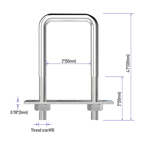 Image of 4 Sets 304 Stainless Steel Square U-Bolts 2 inch(50mm) Inner Width, 4.72 inch(120mm) Length Stainless M10 with Nuts, Frame Plate, Accessories for Automobiles Trailer, Boat Trailer Industrial Parts