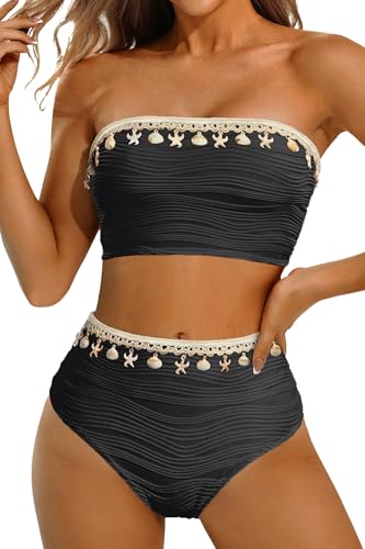 Image of High Waisted Bandeau Bikini Set - Women Strapless Two Piece Swimsuits Ribbed Longline Full Coverage Bathing Suits Swimwear