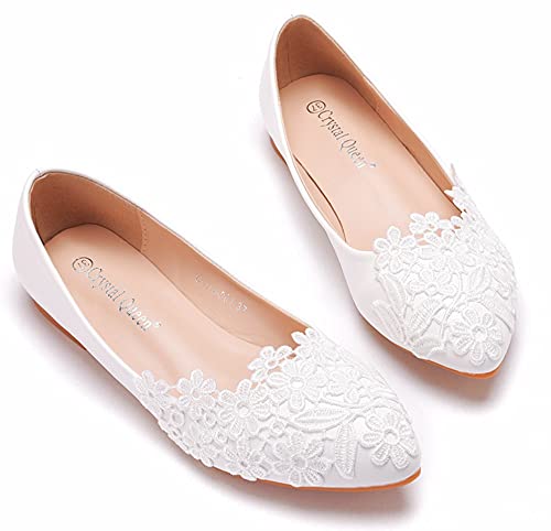 Hee grand Women's Crystal White Wedding Shoes Rhinestone Beaded Pointed Toe Slip On Ballet Flats Shoes for Bride and Bridesmaid3