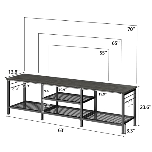 Image of Furologee 63 Inch TV Stand, Entertainment Center with Shelves, Black Oak | Console Table, Open Storage Shelves, 4 Hooks, for 65 /70 Inch TVs, TV Stands for Living Room, Bedroom