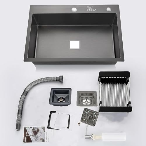Image of Fossa Black Kitchen Sink - 24 inchx18 inchx10 inch Stainless Steel Single Bowl Sink with Tap Hole, Drain Basket, Soap Dispenser, Drain - Topmount Sink for Campervan or Home Kitchen (Black)