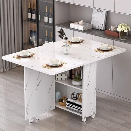 折りたたみダイニングテーブル 移動可能で伸縮可能なキッチンテーブル 健康的で無臭 安定した構造 二重収納デザイン 高温耐性 耐圧性と耐摩耗性 底の広いスペース 丸みを帯びたコーナー E1グレードの環境保護プレート 北欧折りたたみダイニングテーブル (ホワイ