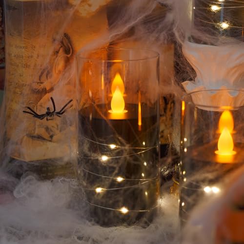 Image of Flameless Flickering 3 inch x4 inch 5 inch 6 inch Clear Plastic Black 11-Key Remote Candles with Light Strings, LED Battery Operated Cycle Timer Pack of 3 Candles for Halloween Festival Decor