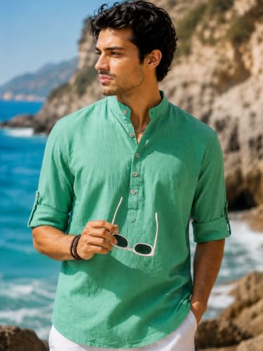 Image of Majestic Man Men's Pure Cotton Solid Mandarin Collar Slim Fit Roll-Up Sleeves Short Kurta Lightweight Summer Kurta for Daily & Occasion Use